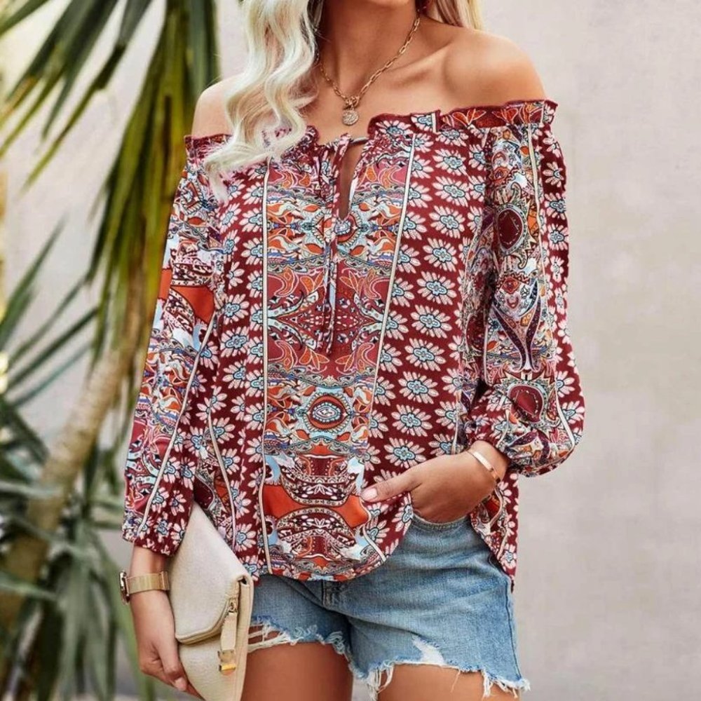 Boho Floral Print Off Shoulder Blouse burgundy - Picture 3 of 4